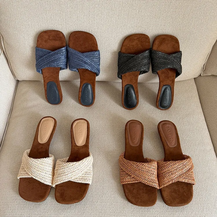 Summer slippers, square toe, wedge heel, fashion women's shoes, beige, brown, black, blue, 4-6k