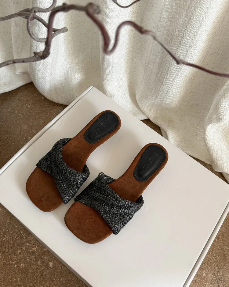 Summer slippers, square toe, wedge heel, fashion women's shoes, beige, brown, black, blue, 4-6k