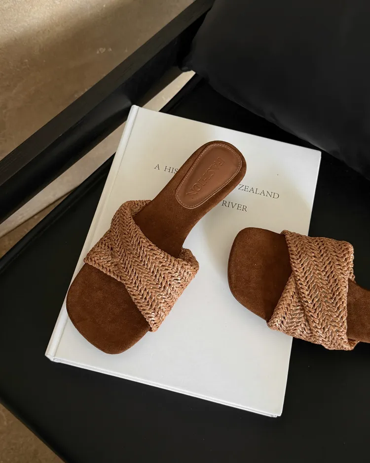 Summer slippers, square toe, wedge heel, fashion women's shoes, beige, brown, black, blue, 4-6k