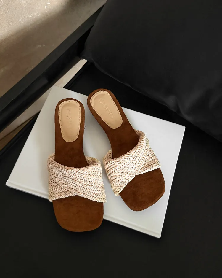 Summer slippers, square toe, wedge heel, fashion women's shoes, beige, brown, black, blue, 4-6k