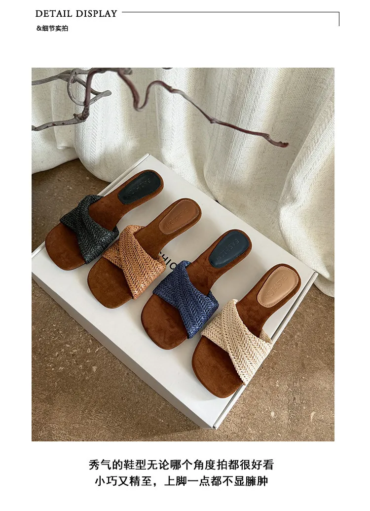 Summer slippers, square toe, wedge heel, fashion women's shoes, beige, brown, black, blue, 4-6k