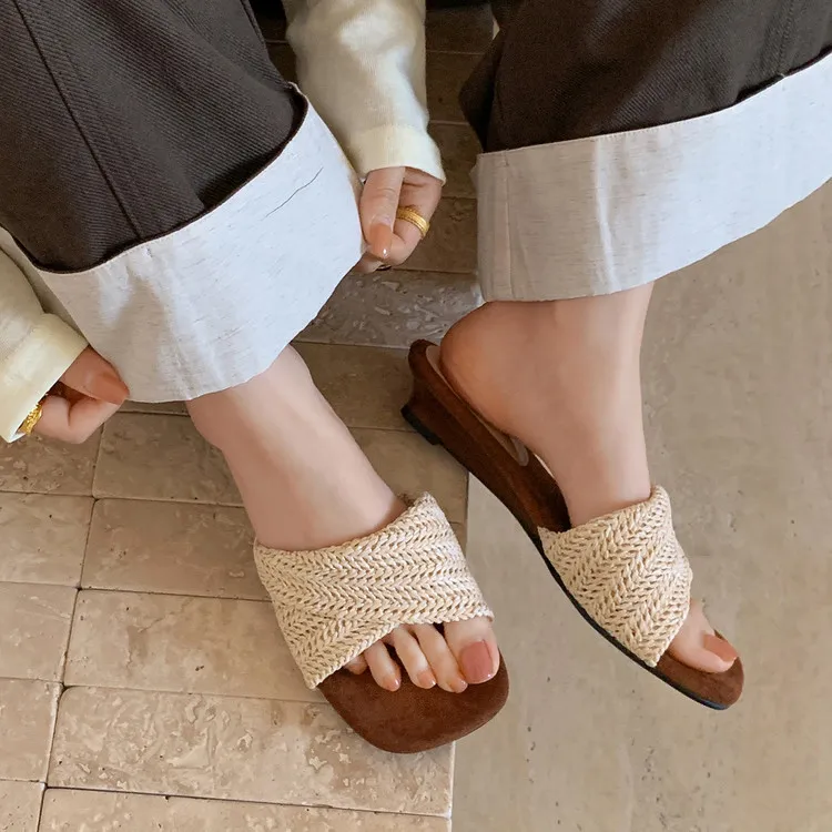 Summer slippers, square toe, wedge heel, fashion women's shoes, beige, brown, black, blue, 4-6k
