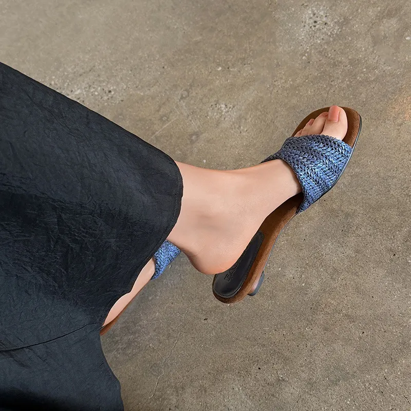 Summer slippers, square toe, wedge heel, fashion women's shoes, beige, brown, black, blue, 4-6k