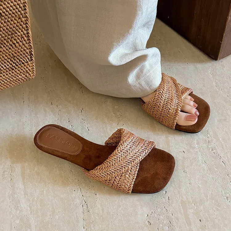 Summer slippers, square toe, wedge heel, fashion women's shoes, beige, brown, black, blue, 4-6k