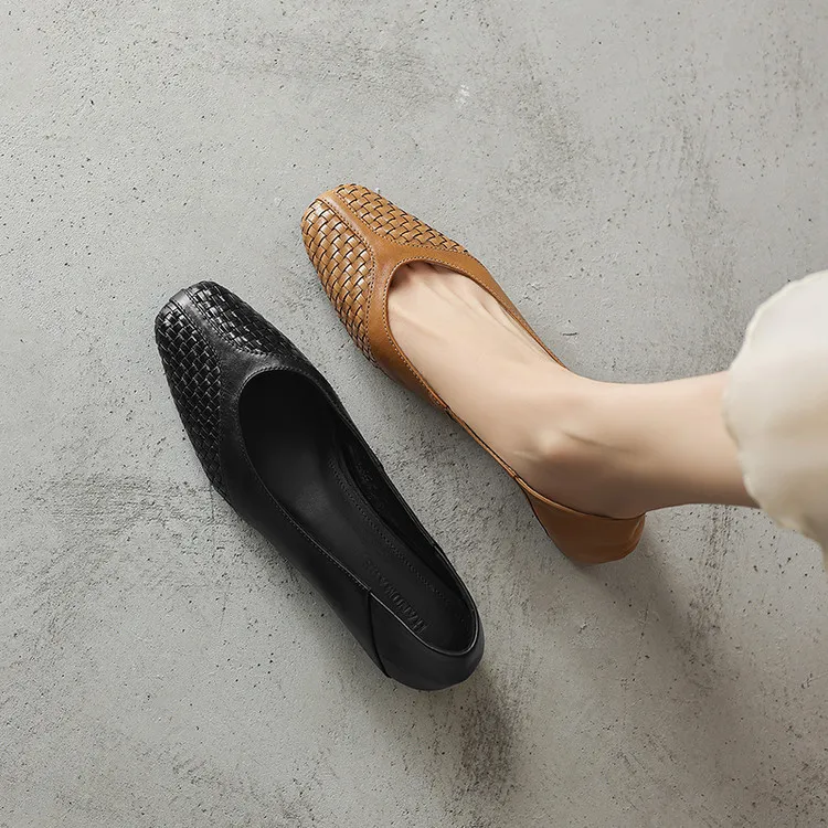 Spring single shoes, round toe, chunky heel, low heel, cowhide fashion women's shoes, 4-6t