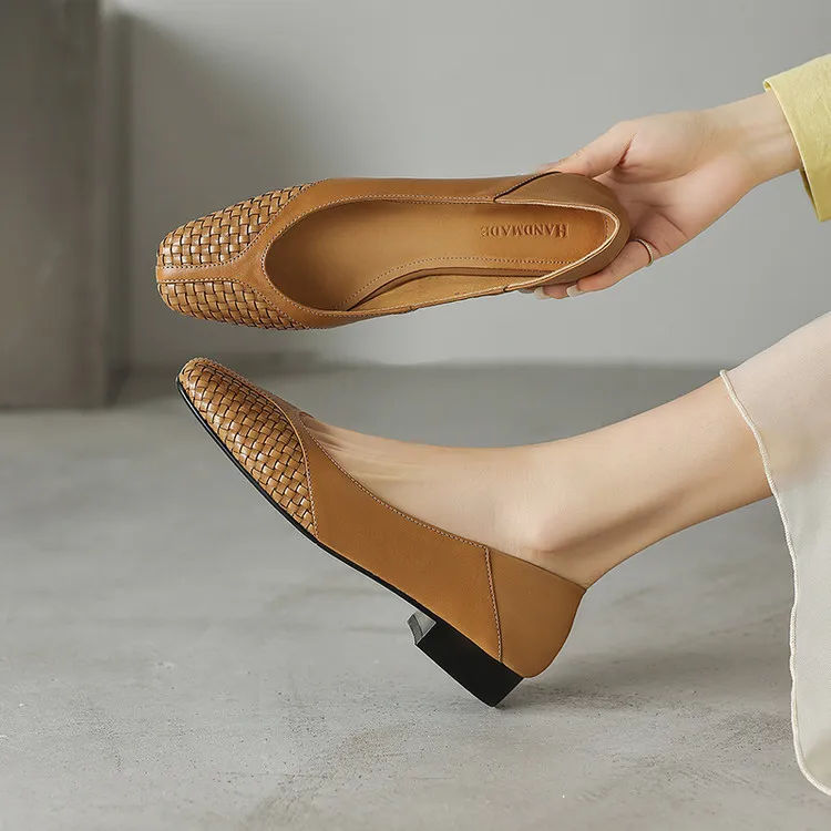 Spring single shoes, round toe, chunky heel, low heel, cowhide fashion women's shoes, 4-6t