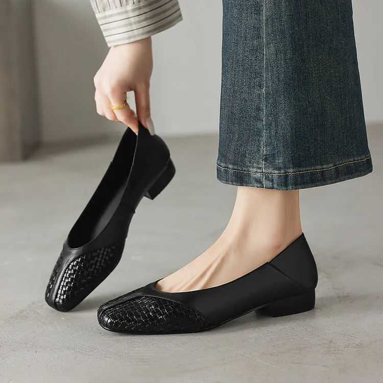 Spring single shoes, round toe, chunky heel, low heel, cowhide fashion women's shoes, 4-6t