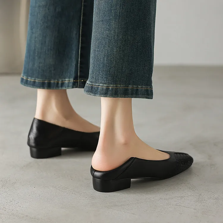 Spring single shoes, round toe, chunky heel, low heel, cowhide fashion women's shoes, 4-6t