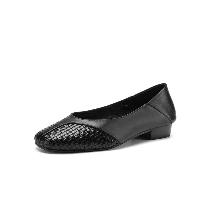Spring single shoes, round toe, chunky heel, low heel, cowhide fashion women's shoes, 4-6t