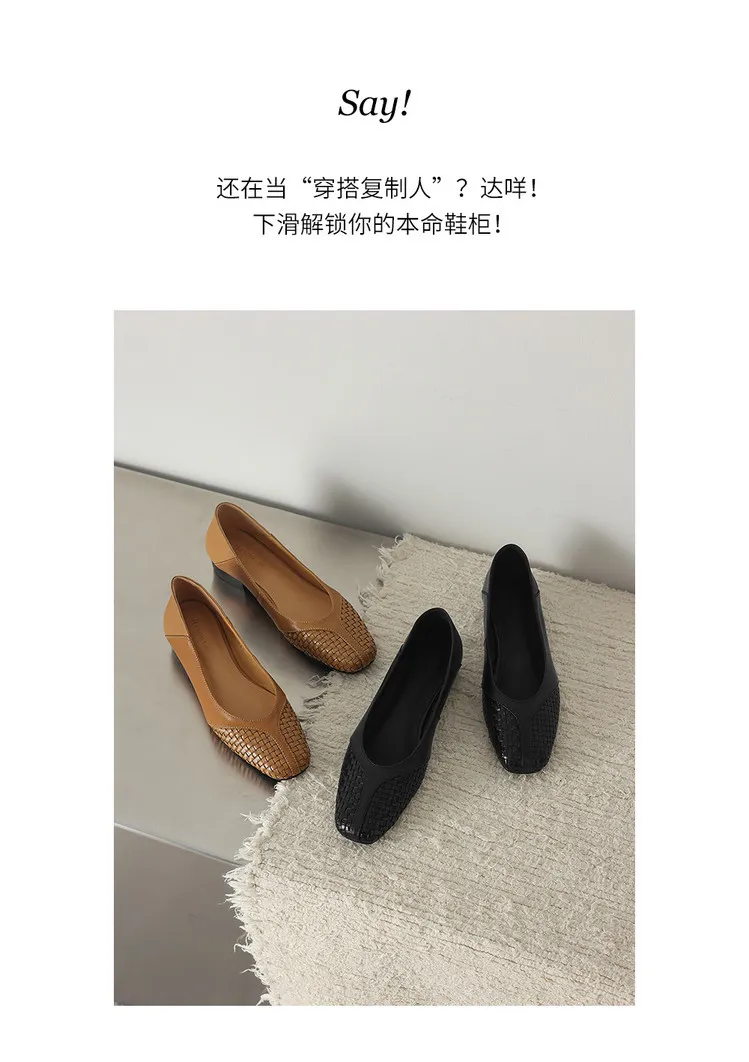 Spring single shoes, round toe, chunky heel, low heel, cowhide fashion women's shoes, 4-6t