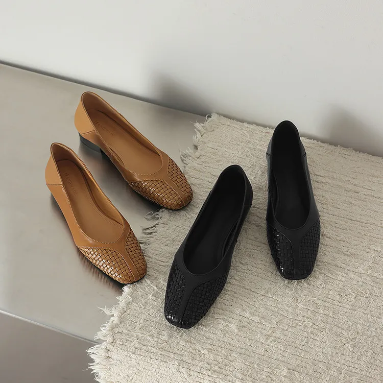 Spring single shoes, round toe, chunky heel, low heel, cowhide fashion women's shoes, 4-6t