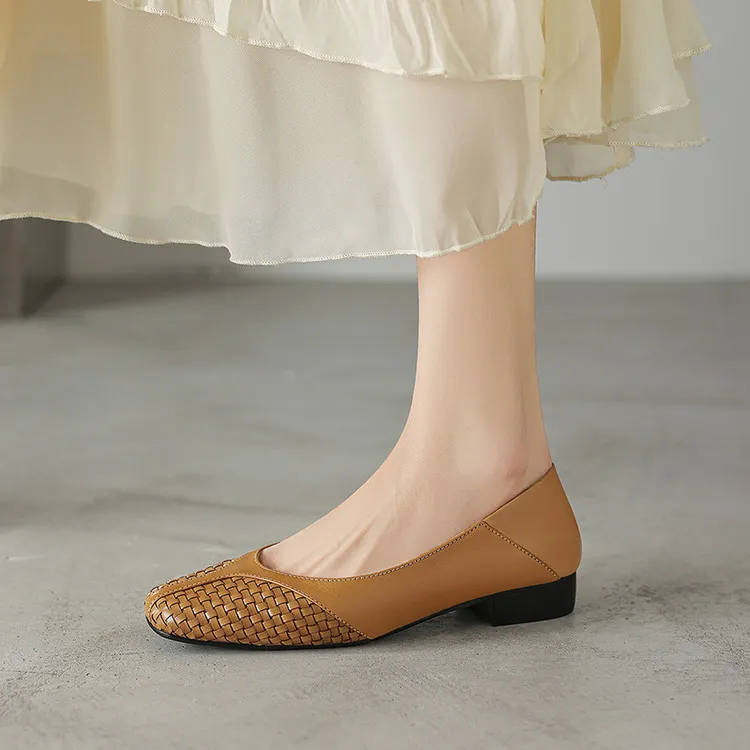 Spring single shoes, round toe, chunky heel, low heel, cowhide fashion women's shoes, 4-6t
