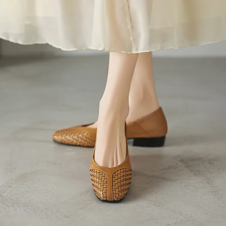 Spring single shoes, round toe, chunky heel, low heel, cowhide fashion women's shoes, 4-6t