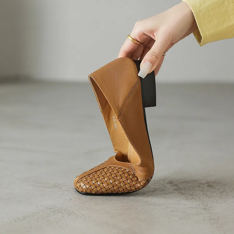 Spring single shoes, round toe, chunky heel, low heel, cowhide fashion women's shoes, 4-6t