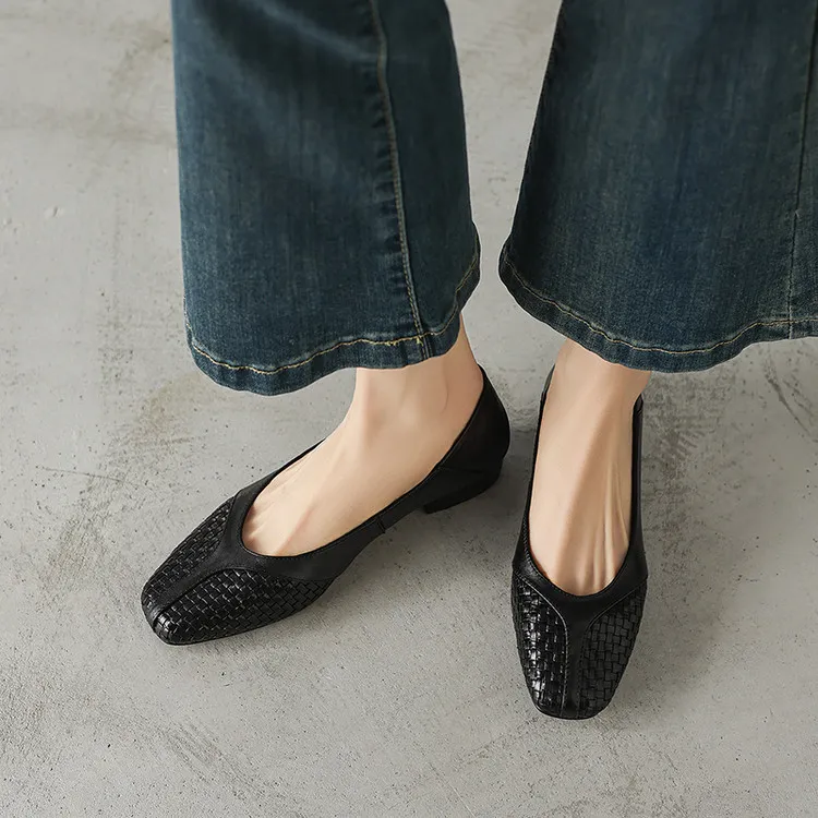 Spring single shoes, round toe, chunky heel, low heel, cowhide fashion women's shoes, 4-6t