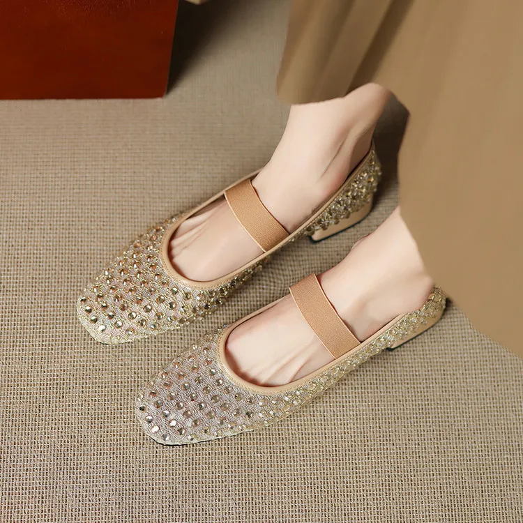 Summer square-toe chunky heel low-heel rhinestone comfortable fashion women's shoes 4-6e