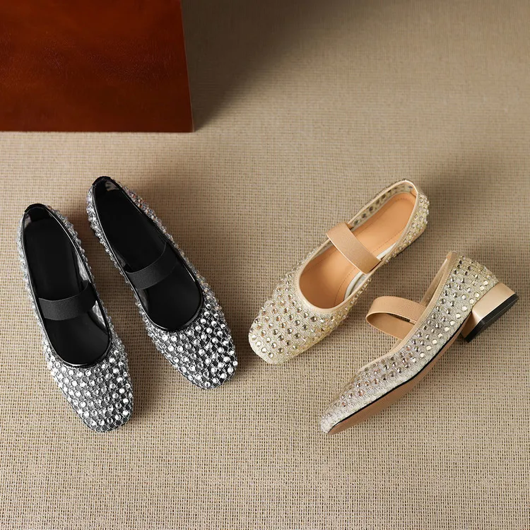 Summer square-toe chunky heel low-heel rhinestone comfortable fashion women's shoes 4-6e