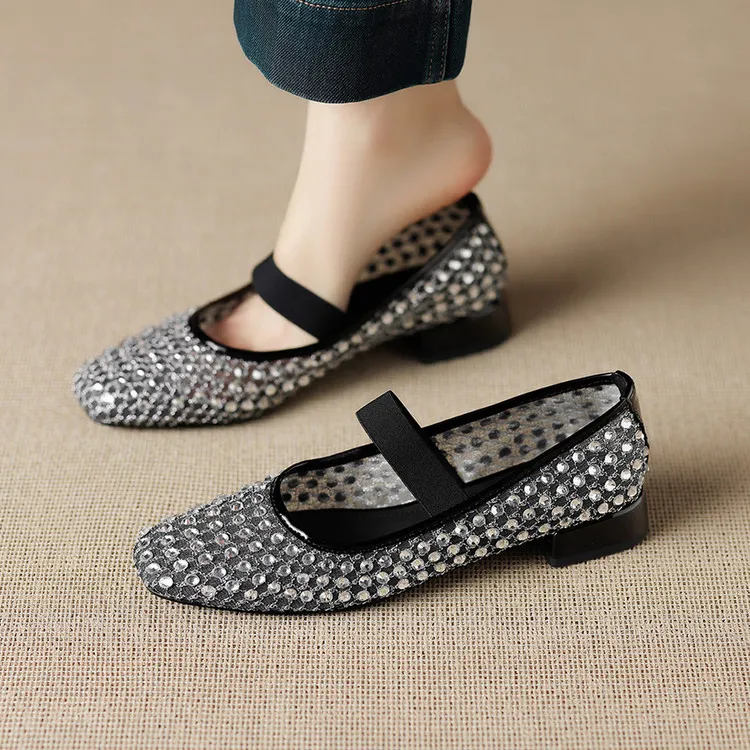 Summer square-toe chunky heel low-heel rhinestone comfortable fashion women's shoes 4-6e