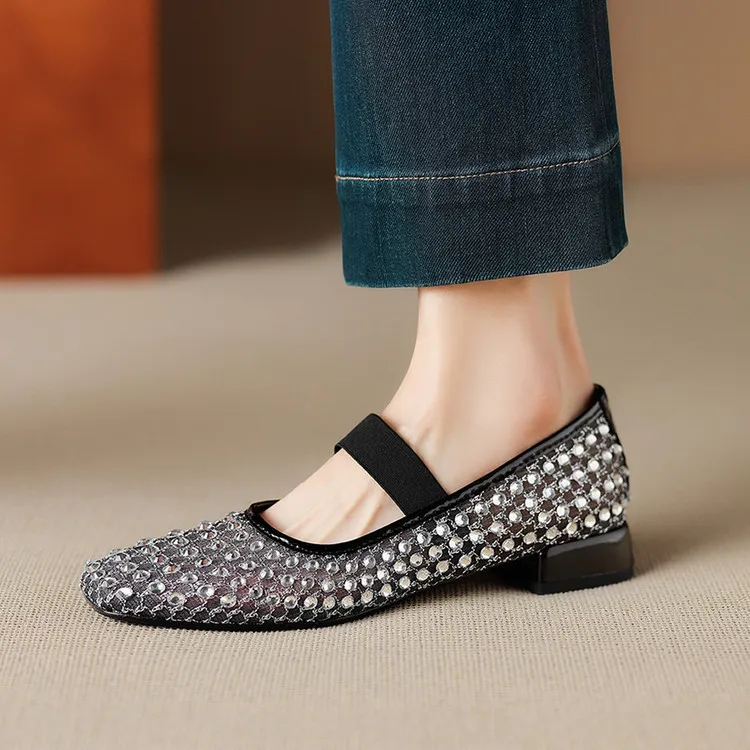 Summer square-toe chunky heel low-heel rhinestone comfortable fashion women's shoes 4-6e