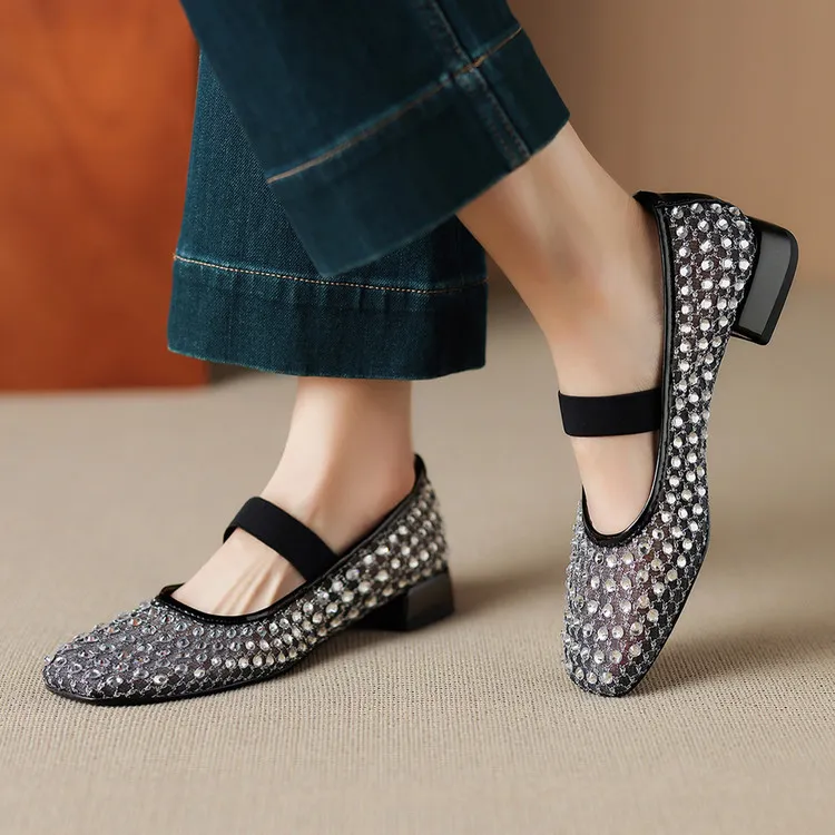 Summer square-toe chunky heel low-heel rhinestone comfortable fashion women's shoes 4-6e