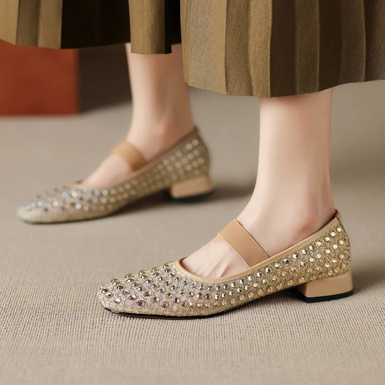 Summer square-toe chunky heel low-heel rhinestone comfortable fashion women's shoes 4-6e