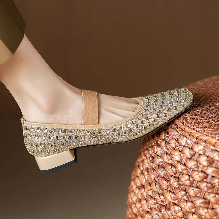 Summer square-toe chunky heel low-heel rhinestone comfortable fashion women's shoes 4-6e
