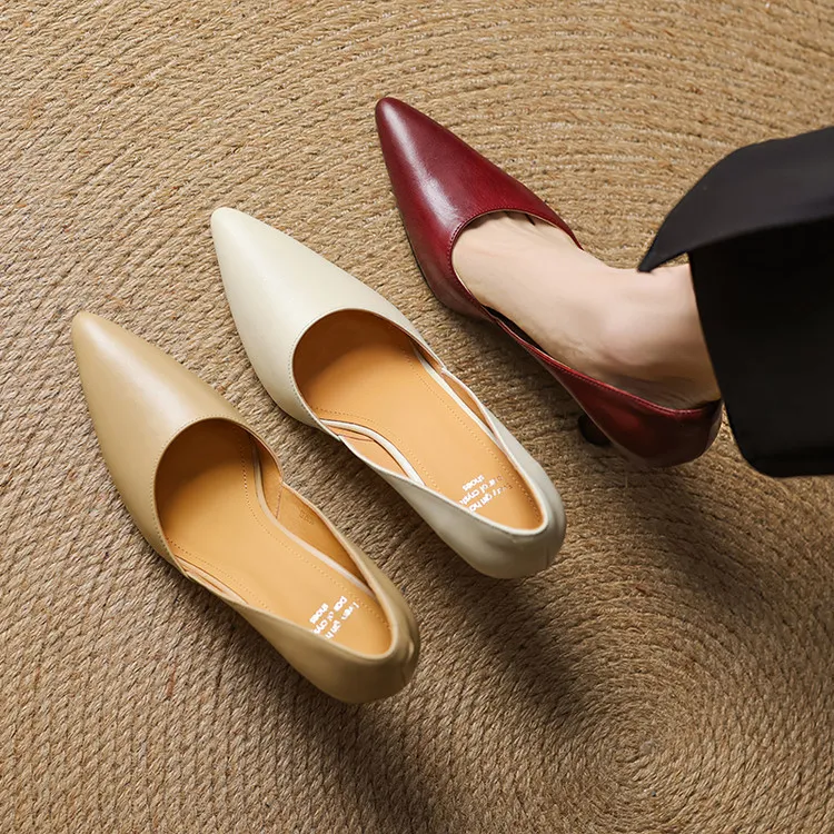 Spring single shoes, pointed toe, stiletto heel, solid color fashion cowhide women's shoes 4-13b
