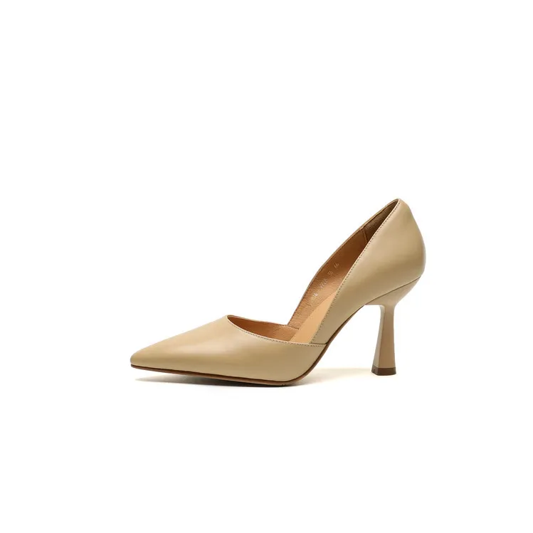 Spring single shoes, pointed toe, stiletto heel, solid color fashion cowhide women's shoes 4-13b