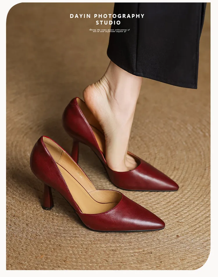 Spring single shoes, pointed toe, stiletto heel, solid color fashion cowhide women's shoes 4-13b