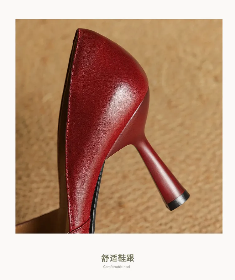 Spring single shoes, pointed toe, stiletto heel, solid color fashion cowhide women's shoes 4-13b