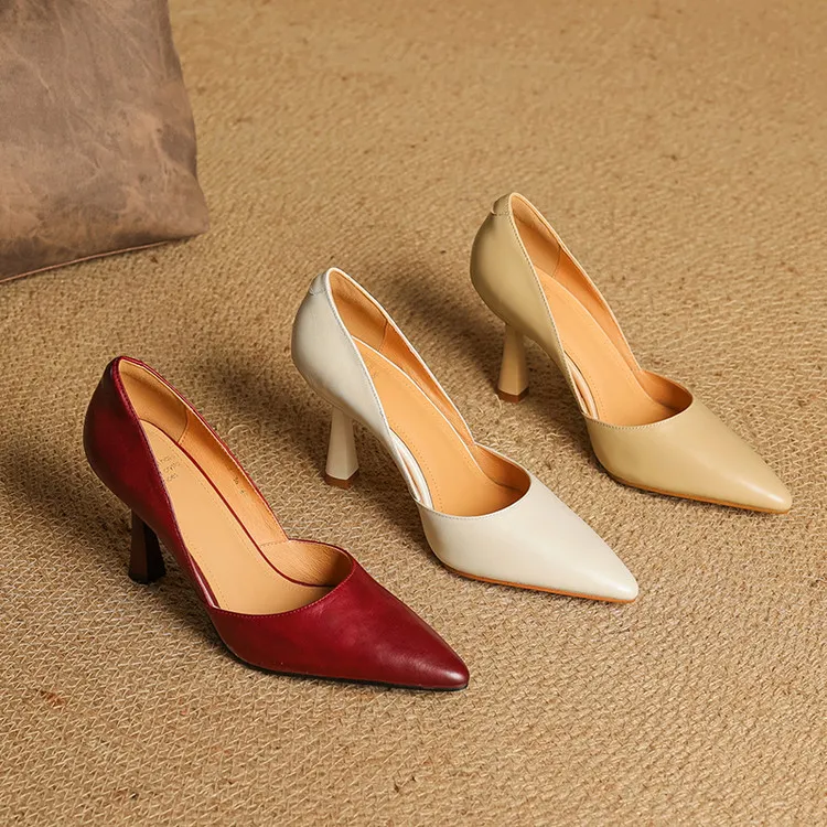 Spring single shoes, pointed toe, stiletto heel, solid color fashion cowhide women's shoes 4-13b
