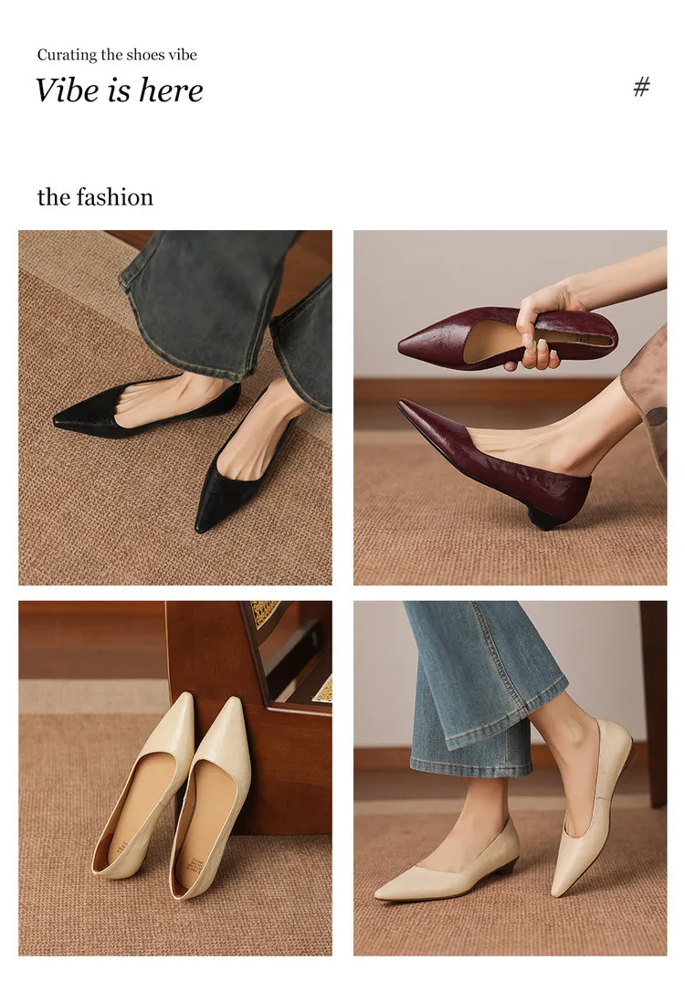 Korean style leather shoes, all inside and out, perfect for spring, summer and autumn. Pointed toe, low heel, comfortable, slimming, slanted opening. Available in 3 colors.