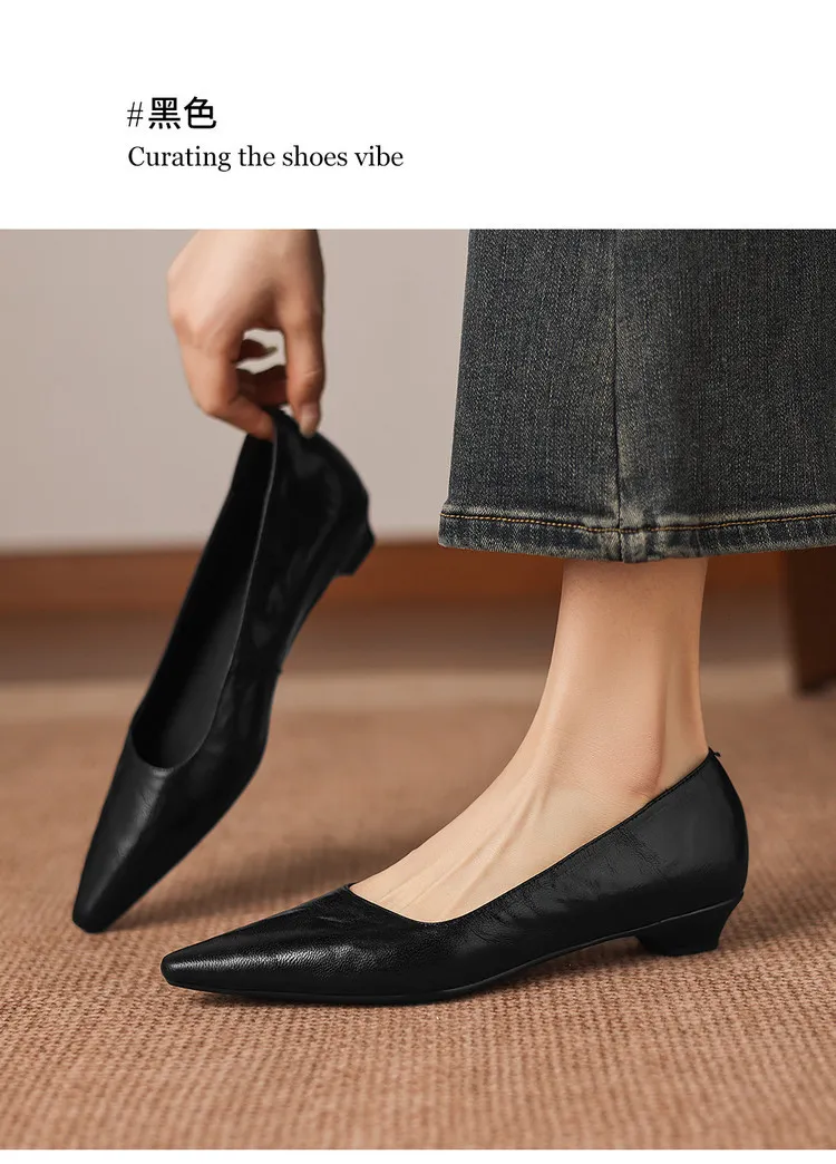 Korean style leather shoes, all inside and out, perfect for spring, summer and autumn. Pointed toe, low heel, comfortable, slimming, slanted opening. Available in 3 colors.