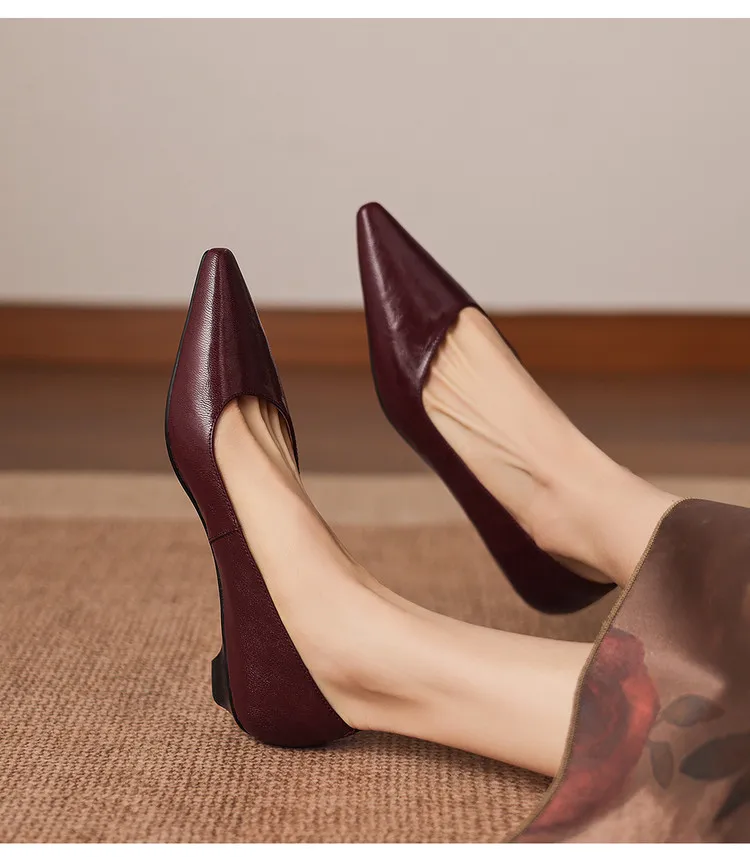 Korean style leather shoes, all inside and out, perfect for spring, summer and autumn. Pointed toe, low heel, comfortable, slimming, slanted opening. Available in 3 colors.