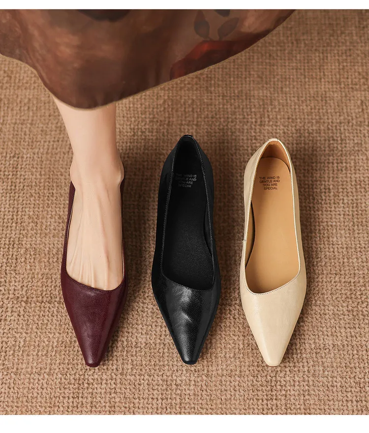 Korean style leather shoes, all inside and out, perfect for spring, summer and autumn. Pointed toe, low heel, comfortable, slimming, slanted opening. Available in 3 colors.