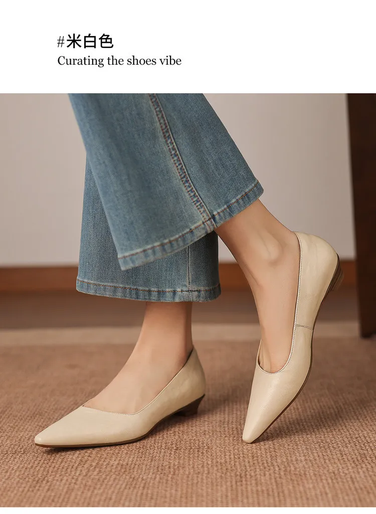 Korean style leather shoes, all inside and out, perfect for spring, summer and autumn. Pointed toe, low heel, comfortable, slimming, slanted opening. Available in 3 colors.