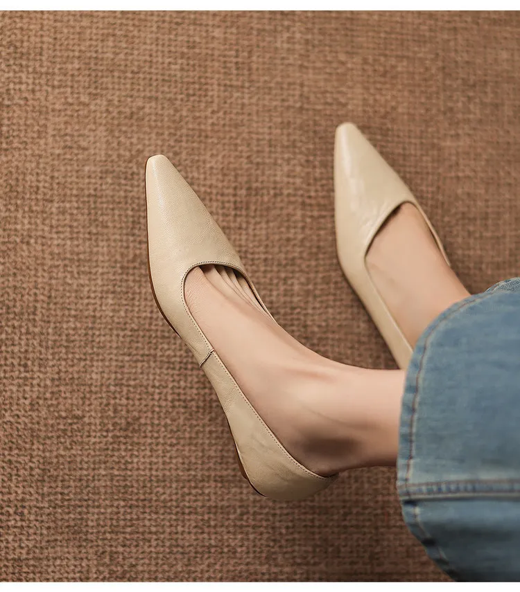 Korean style leather shoes, all inside and out, perfect for spring, summer and autumn. Pointed toe, low heel, comfortable, slimming, slanted opening. Available in 3 colors.