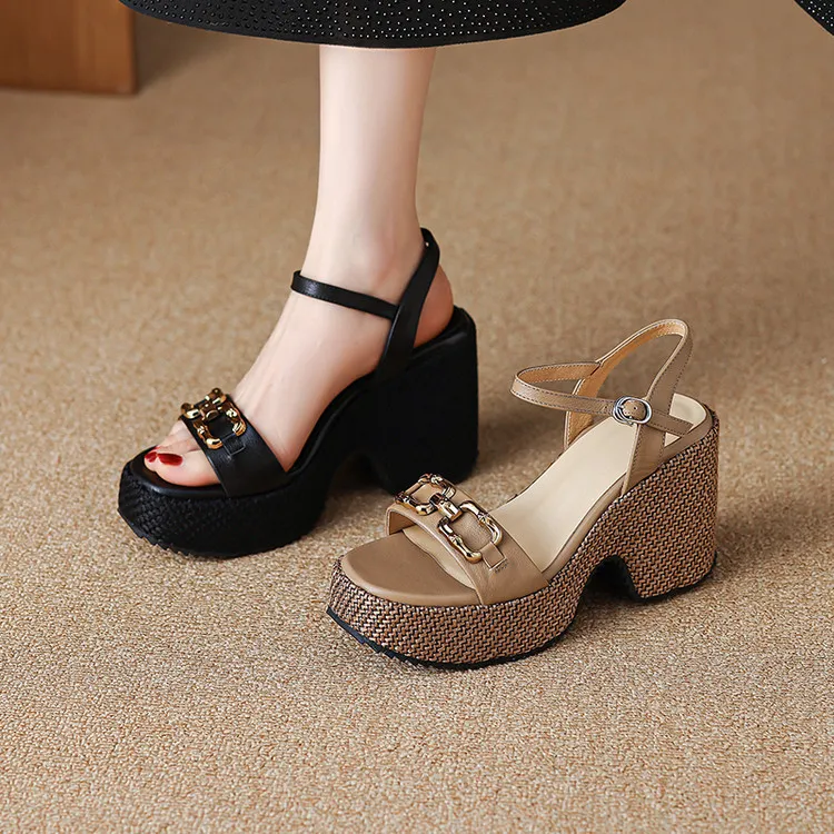 Summer round-toe platform sandals with chunky heels, leather fashion shoes for women, size 4-6x