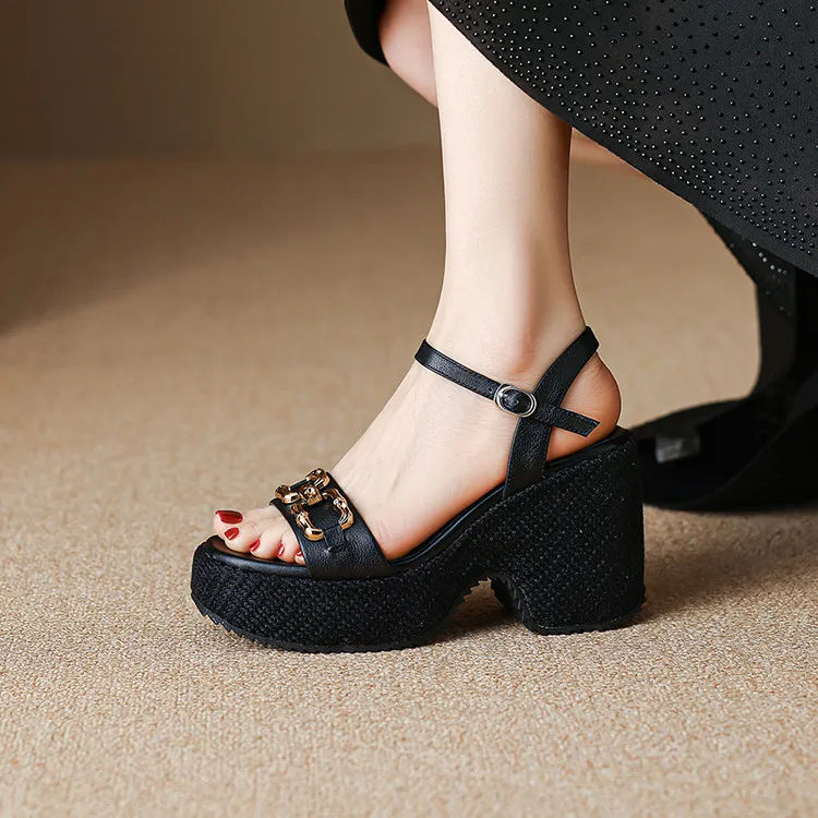 Summer round-toe platform sandals with chunky heels, leather fashion shoes for women, size 4-6x