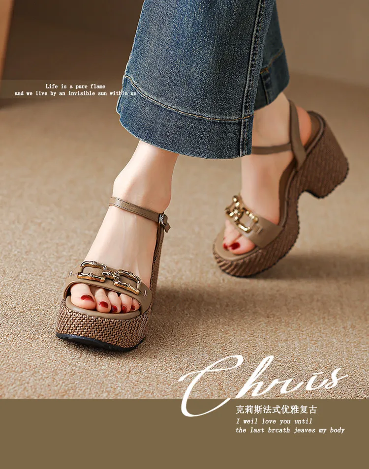 Summer round-toe platform sandals with chunky heels, leather fashion shoes for women, size 4-6x