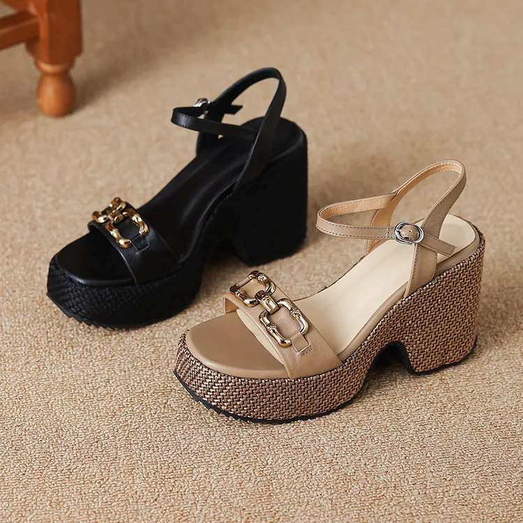 Summer round-toe platform sandals with chunky heels, leather fashion shoes for women, size 4-6x