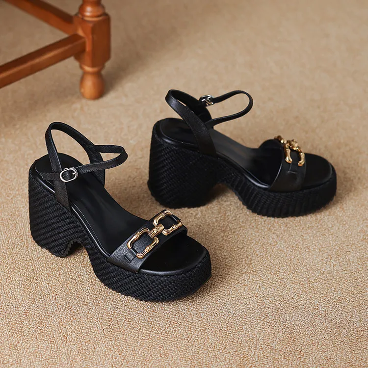 Summer round-toe platform sandals with chunky heels, leather fashion shoes for women, size 4-6x