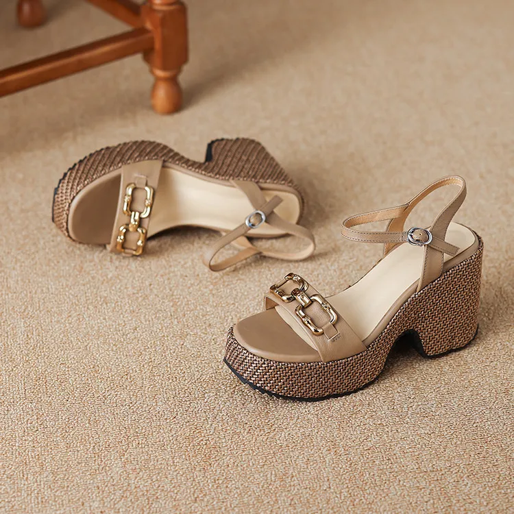Summer round-toe platform sandals with chunky heels, leather fashion shoes for women, size 4-6x