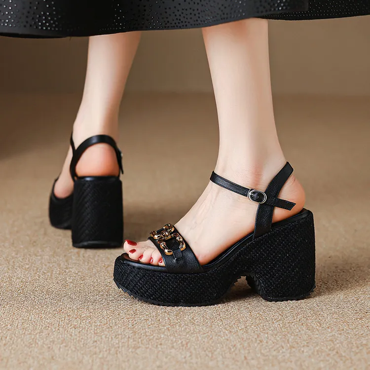Summer round-toe platform sandals with chunky heels, leather fashion shoes for women, size 4-6x