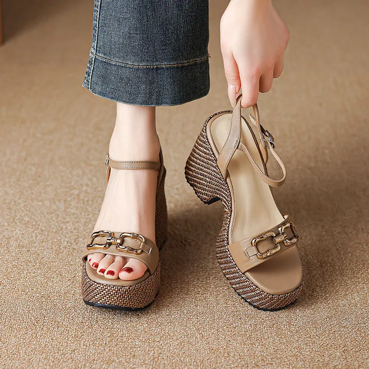 Summer round-toe platform sandals with chunky heels, leather fashion shoes for women, size 4-6x