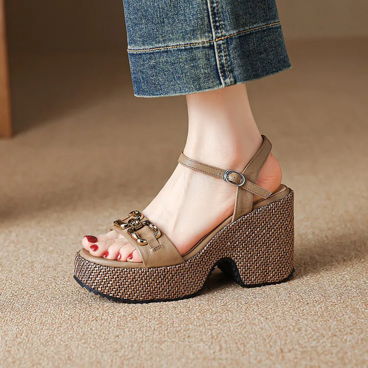 Summer round-toe platform sandals with chunky heels, leather fashion shoes for women, size 4-6x
