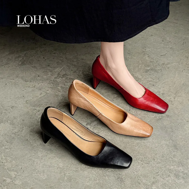 Spring single shoes, square toe, chunky heel, high heel, low mouth, fashion cowhide women's shoes 4-13a