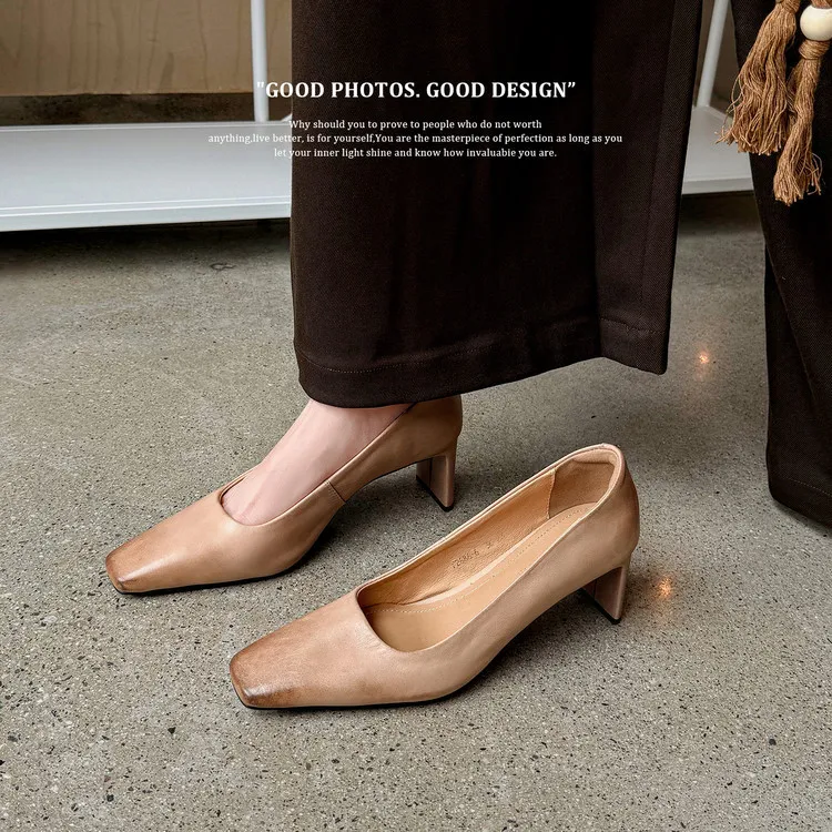 Spring single shoes, square toe, chunky heel, high heel, low mouth, fashion cowhide women's shoes 4-13a