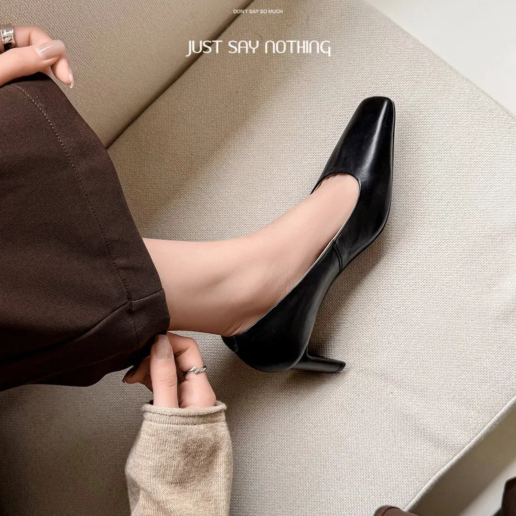 Spring single shoes, square toe, chunky heel, high heel, low mouth, fashion cowhide women's shoes 4-13a