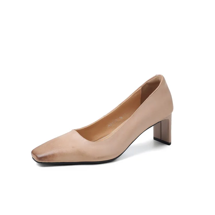 Spring single shoes, square toe, chunky heel, high heel, low mouth, fashion cowhide women's shoes 4-13a